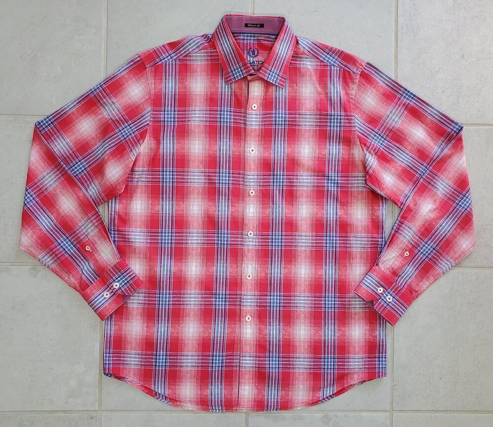 Bugatchi Men's Medium Plaid Floral Long Sleeve Classic Fit Button Down Shirt